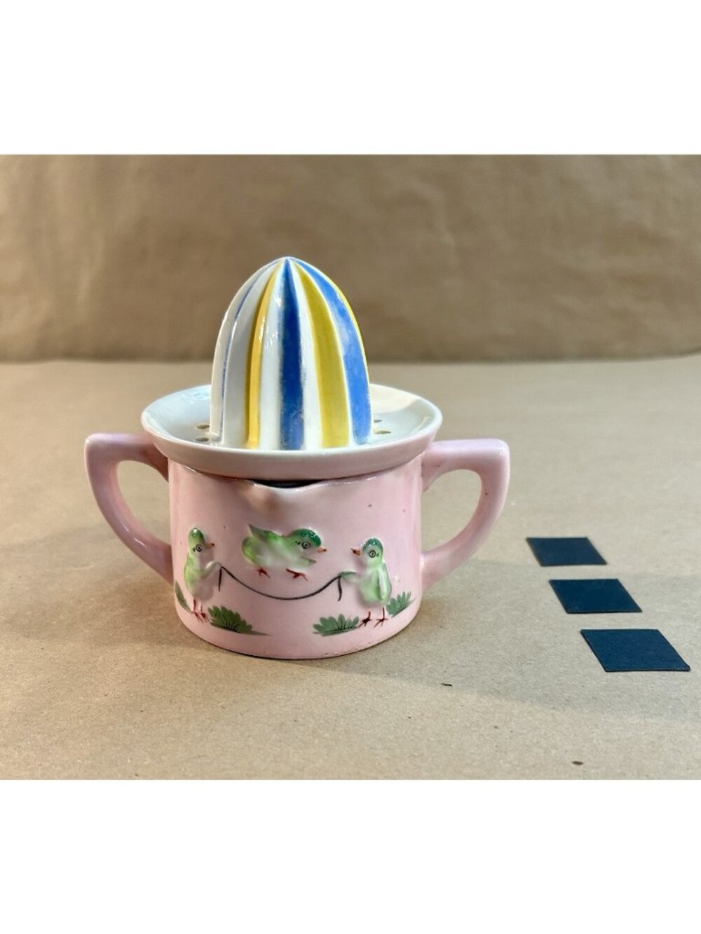 Vintage Ceramic Reamer/Juicer- Birds Jumping Rope-Pink-Marked G.W. Co, Japan